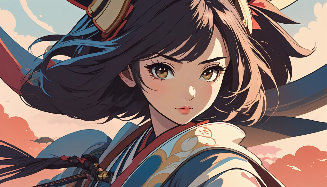 Female samurai、Wide-angle lens, Lofi Anime, Lofi illustration, Aesthetic atmosphere, Lo-Fi Style, Vector art, Flat Design, Simple shape, Warm tones, Pleasant atmosphere, Chill, In anime style, Digital drawing, Vector art, Vector logo for t-shirt printing, (Adorable:1.5), (small:1.4), (Playful:1.2), (soft:1.3), (Whimsical:1.1), masterpiece, Highest quality, 8k, Intricate details, grow, Celestial, Mysterious, Picturesque, amazing, Majestic, Magic, Fantasy art, Cover art, dream-like
