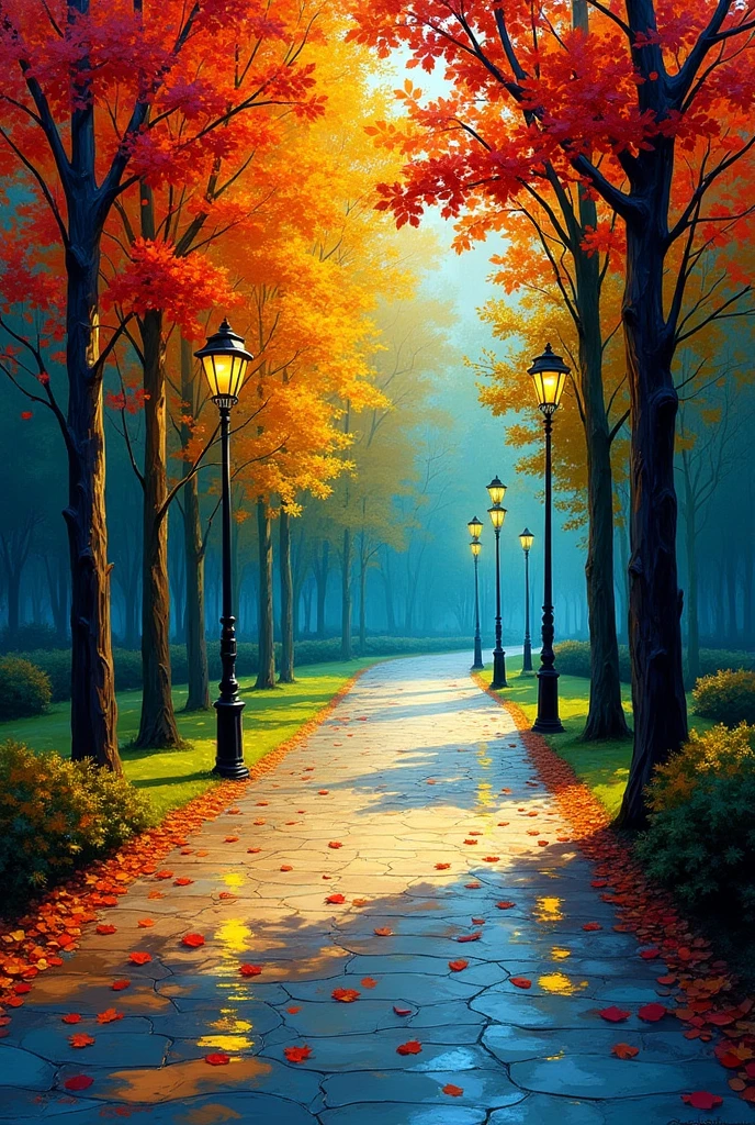 Create a vibrant autumn park scene in the style of Leonid Afremov. Include tall trees with red, orange, and yellow leaves, glowing street lamps casting warm light, and a wet pathway reflecting the colors of the surroundings. Use bold, textured palette knife strokes, blending vivid shades of blue, green, and gold to create a dreamy, impressionistic atmosphere. Ensure the scene feels serene and full of light.