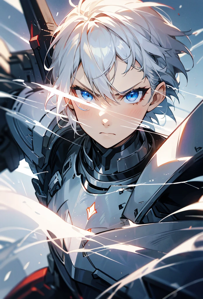 Knight with short white hair, blue eyes, white iron armor, with a hole in the chest, sharp arm armor, tall, angry face, full of lightning, cool, breathing vapor.