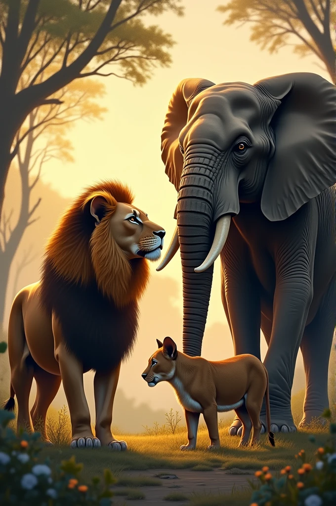 A lion with elephent and his baby