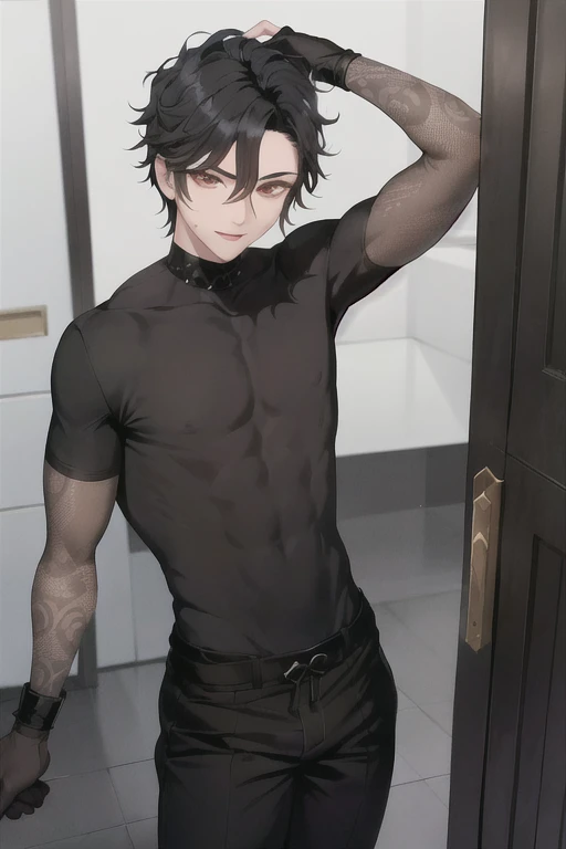 Artwork, best quality,  beautiful and beautiful, beautiful face and highly detailed eyes,highly detailed skin, male approximately 1,88 meters high, With short, curly black hair. 
(1 young boy:1.4), standing alone, ass pov, shorth hair,  eyes browns, Bblack hair, abdomen:0.8, stark:0.7,
Men's locker room, Attached to your waist, there is a black katana called Kuro Somuna, with a richly detailed handle that exudes a subtle, Dark glow.