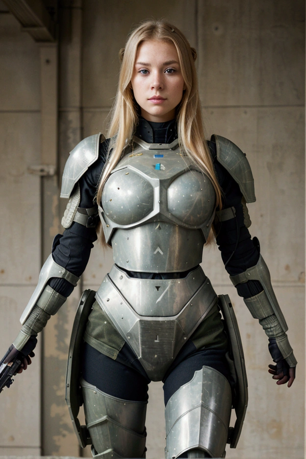 a beautiful blonde military girl in a modern full armored battlesuit holding a high tech weapon