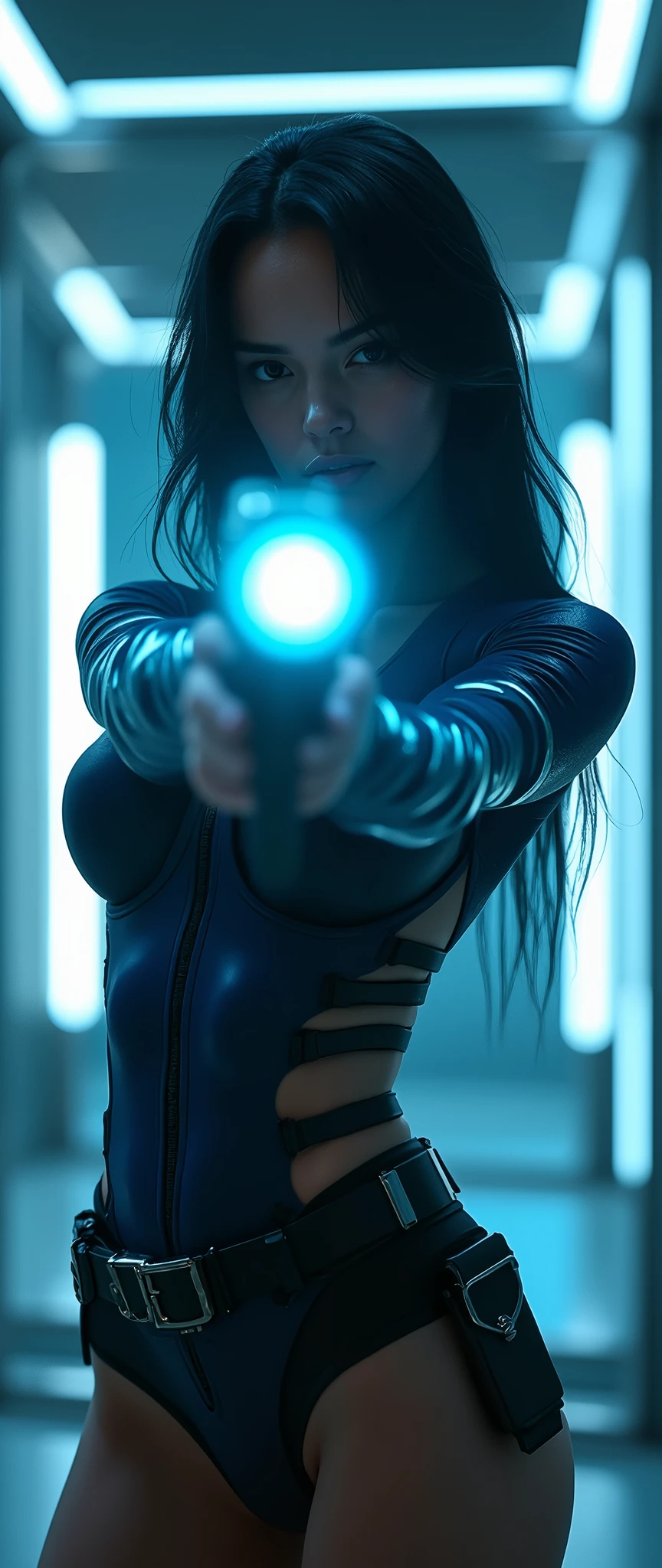 (masterpiece:1.2,Exceptional Quality,mirror-like,Cinematic Experience,Photorealistic:2.0,RAW Photos:2.0),Ultra-high resolution,Super detailed,8k,wallpaper,BREAK(Good anatomy:1.2),(Slutty Makeup:0.5),(Muscular:2.0),(1 female),Black Hair,(Large breasts:2.0), (Elegant body:2.0),(Beautiful Eyes,Sparkle in the eyes,Detailed face,Beautiful skin texture:1.3,Beautiful Hair:1.3),(Beautiful female hands:2.0),(Detailed hands:2.0),(She is a future police officer:2.0),(Hold the ray gun and point it at the camera:2.0),(The muzzle of the ray gun glows brightly blue.:2.0),(Shooting pose:2.0),BREAK(She is wearing a navy blue super high leg bodysuit with large holes in it.:2.0),(Black tights that show skin:2.0),(Tactical Holster),(wearing combat boots:1.2),(The background is a laser room:2.0),(Super sexy:2.0),(Very thick thighs:2.0),(Super sensual:2.0),(cyber punk:2.0),(sf:2.0),(VFX:2.0),(Cowboy Shot:2.0)