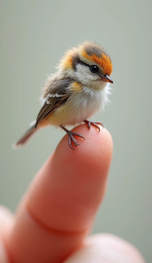 Photorealistic、8k、Micro tiny baby perched on human finger [Long-tailed Tit]
