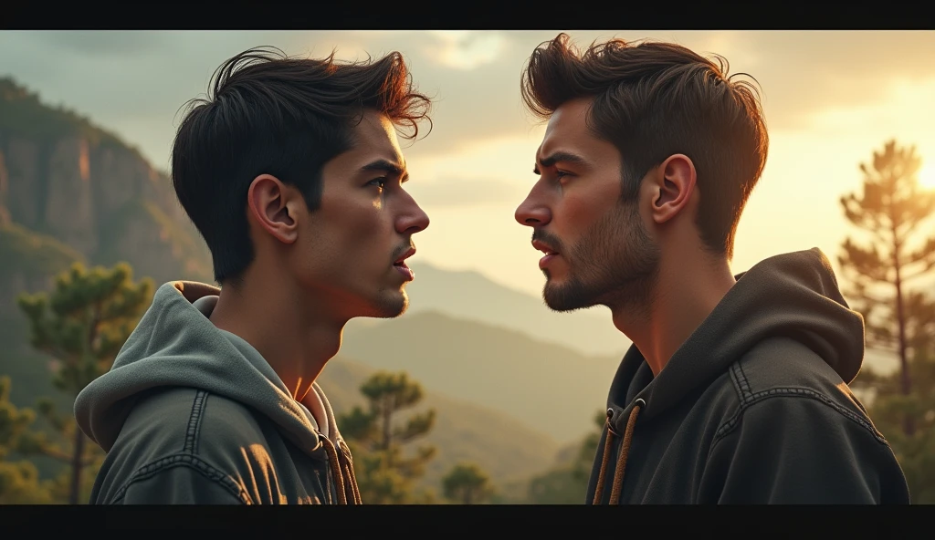 Creat a 2 good looking boy expressing different emotions, 1 is Anger, 1 is disgusted, 1 is joy, 1 is stressed, 1 character in multiple personalities, 8k very ultra realistic, cinematic vibe , landscape view