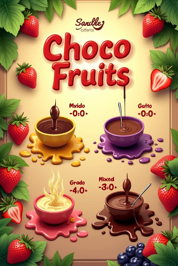 Crie um pôster para valores de uma empresa de fondue com o nome Choco fruits, with presentation of product prices as described below.
Fondue Banana = R$ 6,00 Fondue Finished = R$ 7,00 Strawberry Fondue = R$ 7,00 Mixed Fondue (fruits) = R$ 7,00 Grape Fondue = R$ 8,00

