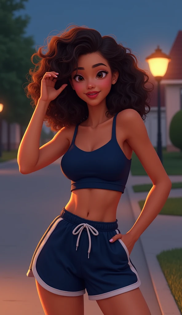 1girl, navy blue spaghetti strap crop top, navy athletic shorts with white stripes and drawstring, voluminous curly dark brown hair, night-time suburban street with soft warm streetlight in the background, direct soft lighting on the subject, relaxed yet confident pose, one hand lifting hair, casual and sporty style, solo focus, modern athletic fashion, outdoor night scene, slightly glossy skin, natural makeup look