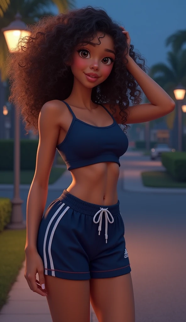 1girl, navy blue spaghetti strap crop top, navy athletic shorts with white stripes and drawstring, voluminous curly dark brown hair, night-time suburban street with soft warm streetlight in the background, direct soft lighting on the subject, relaxed yet confident pose, one hand lifting hair, casual and sporty style, solo focus, modern athletic fashion, outdoor night scene, slightly glossy skin, natural makeup look