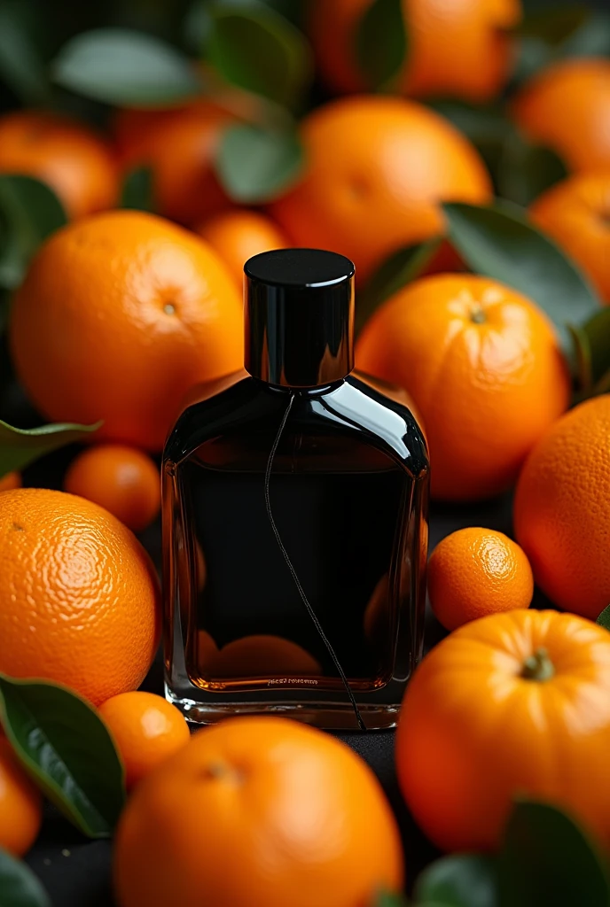 Perfume pic with black bottle with back ground orange fruite 
