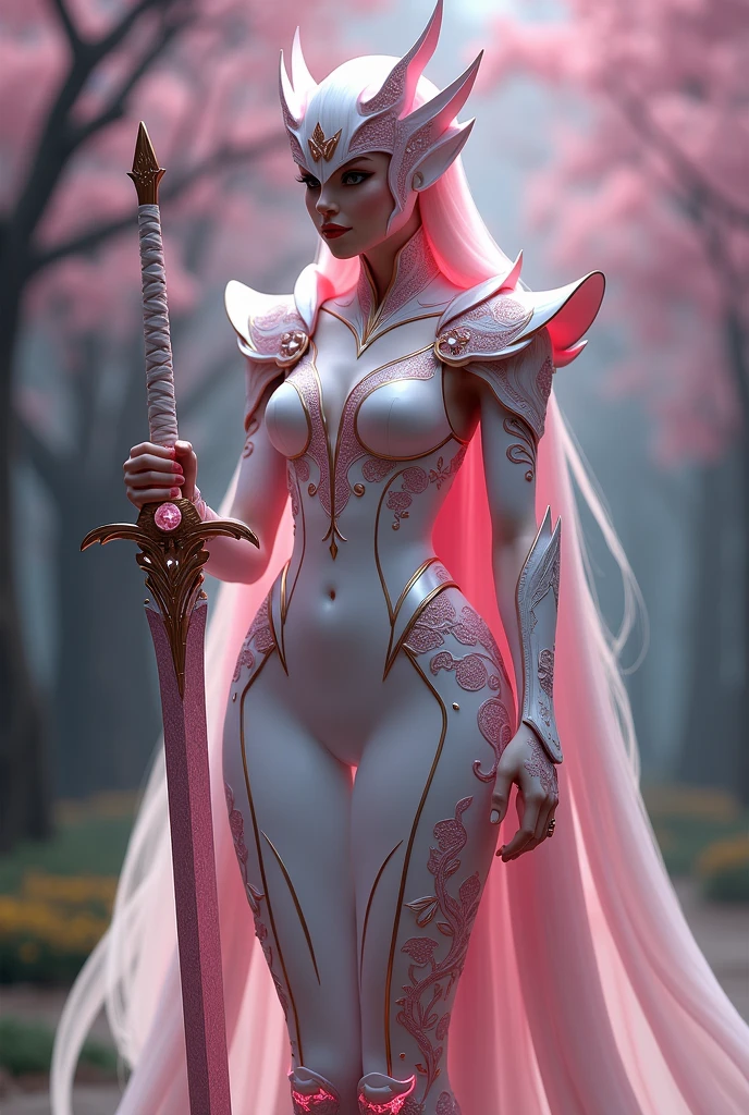 Sakurianas Warrior with the Sakura SwordThe tall, elegant warrior from the Sakurianas species is a vision of grace and power. She wears a unique armor made from a material that appears as delicate as Sakura petals but is 100 times stronger than diamond. The armor has a shimmering pink and white color scheme, resembling the natural hues of cherry blossoms. Intricate patterns of blooming Sakura flowers adorn the chest plate and shoulder guards, giving the armor an organic and fluid appearance. Her helmet, with a visor shaped like overlapping petals, completes the look, fitting perfectly to her form. Glowing pink veins of energy run through the armor, reflecting the regenerative and powerful nature of the wearer.In the warrior's hand is the Sakura Sword. This sword features a long, slightly curved blade forged from a pink metallic material that softly glows with a delicate aura. The blade is engraved with subtle designs of Sakura branches, which shimmer in shades of pink and gold as light hits it. The hilt is wrapped in pearl-white leather, adorned with rose gold accents, and at the base of the hilt, a small Sakura flower carved from rose quartz adds a final touch of elegance. The minimalist guard of the sword, decorated with small pink crystals, echoes the delicate branches of a cherry blossom tree