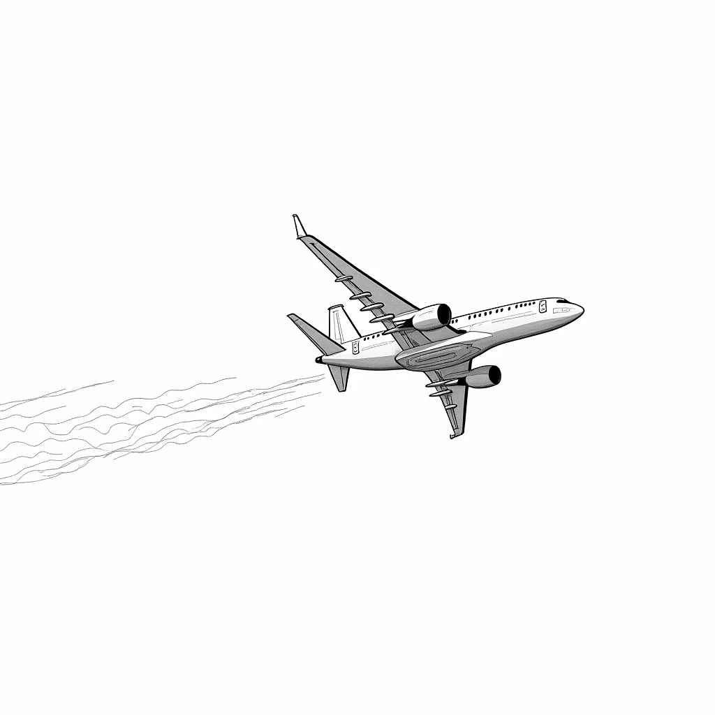 An aeroplane floating up into the sky from left angle ,high quality image, black and white line art image