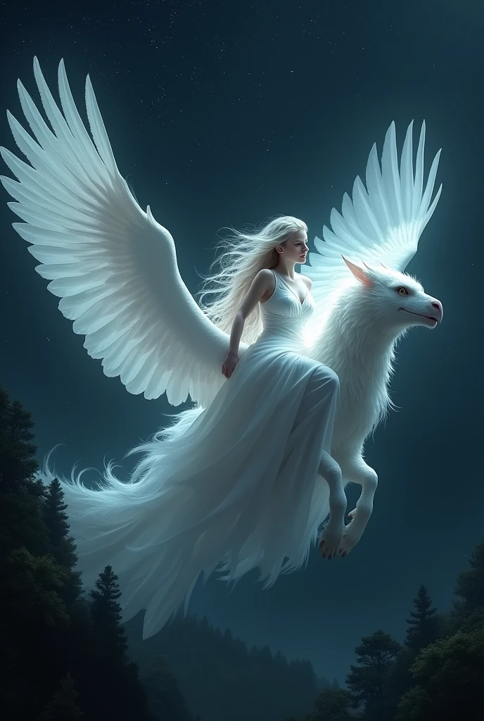 White Goddess Riding a Transparent Griffon、Fly in the night sky、Dark Night、High-definition drawing、Dark forest background