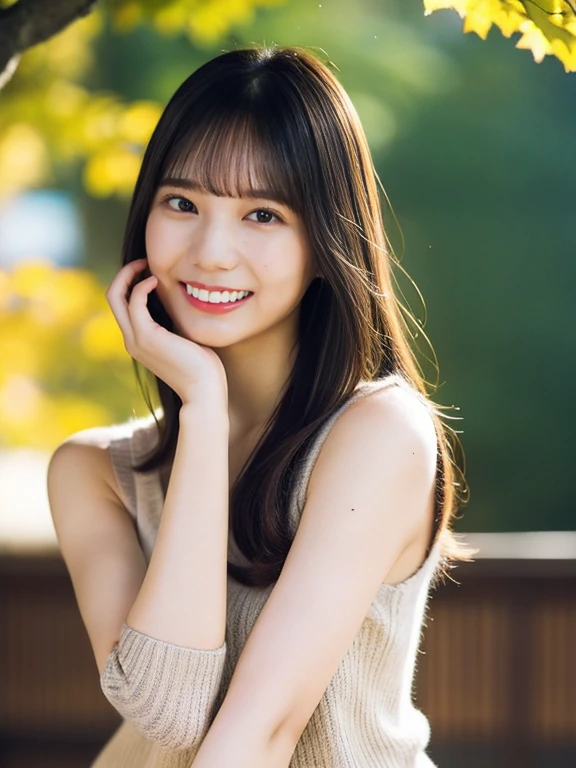 1girl, bokeh, full body, (smile), bangs, sweater, sleeveless, slim pants,mole, masterpiece, best quality, ultra quality, high quality, realistic, photo realistic, RAW photo, hyper detailed, intricate detailed, film grain, autumn,