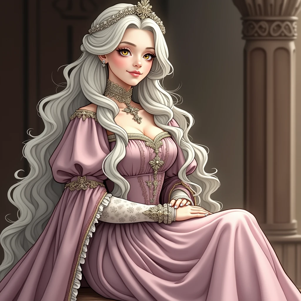women, elegant, calm medieval princess dress, hermosa cabello blanco y peinado elegant, Golden eyes, detailed dress, medieval times, Royals, portrait, (Best Quality), (masterpiece), (Very detailed), (4k)