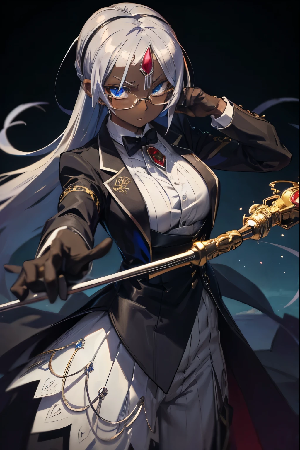 Highest quality, masterpiece, Ultra-high resolution, One person,Hosomi,Silver Hair,Her hair is tied back,Black Band,glasses,Butler,White gloves,Tuxedo,Blue Eyes,martial arts,(Dark skin:1.4),(A jewel is embedded in the center of the forehead:1.2),Gradient Hair