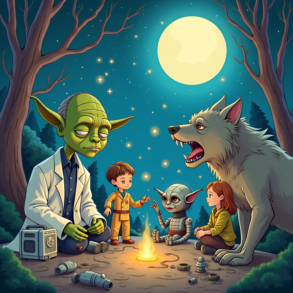 A whimsical, dreamlike scene with a clash of characters and settings: engineer in a lab coat, robot boy, werewolf, Yoda, and Gagarin with children, each engaging in their own activity."