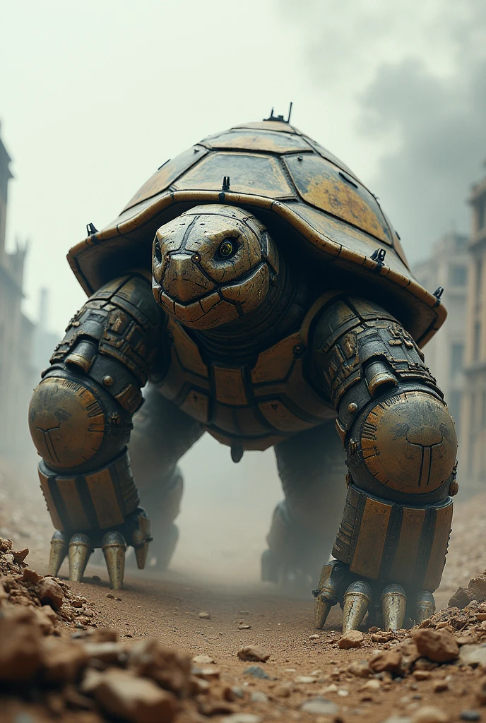 Create an image of a futuristic creature that is a genetic fusion of a tank and a turtle. This hybrid has the sturdy, armored shell of a turtle, but the shell is reinforced with metallic plating and turret-like structures, resembling the body of a military tank. The creature’s legs are thick and powerful, with treads similar to those of a tank replacing its feet, allowing it to move across rough terrain. The head is a blend of a turtle's and a machine's, with glowing eyes, and a large, cannon-like structure extending from its mouth. The scene is set in a post-apocalyptic landscape with ruined buildings in the background, smoke rising from the ground, and the creature advancing with a sense of unstoppable force. 

Size: 1024x1024.