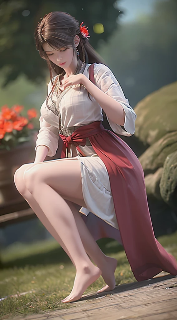 hair-color: (black ebony, Long to the waist, slightly wavy at the ends)
eyecolor: (dark brown, almonds, with an introspective glow)
skin tone: (pale, with a slight blush on the cheeks)
Body Structure: (Slender and graceful, with elegant posture)
muka: (Oval, with delicate strokes, pink lips and small nose)
Clothing: (Traditional Chinese Dress (cheongsam) white silk, with detailed floral embroidery)
Accessories: (Green jade earrings, Necklace with lotus pendant)
expression: (Distant and contemplative look, eyebrows slightly arched in concentration, lips slightly curved in a melancholy smile)
stance: (Sitting by a lake, hands gently resting on your lap, bare feet touching the water)
enviroment: Chinese traditional garden, with bamboo trees in the background and cherry blossoms falling around it Additional details: A light breeze caresses your face, gently moving your hair strands, creating a serene and reflective setting.