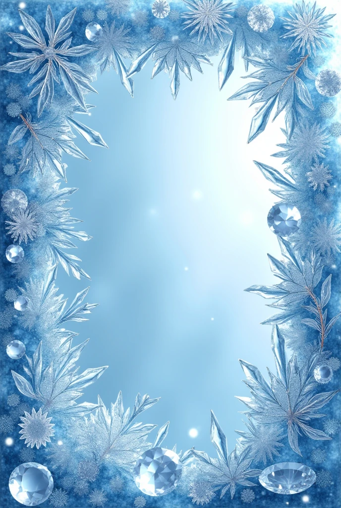 Ice themed card frame with diamonds and crystals and beautiful ice patterns and designs transparent no background hyperrealstic