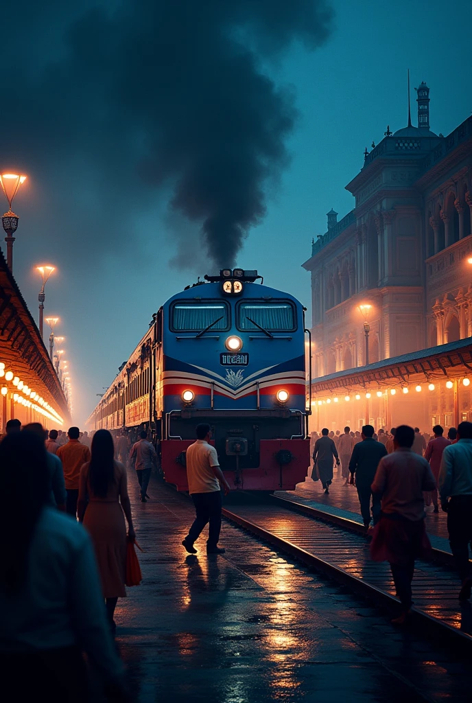 Vande bhart train in howrah station at night people walking on platform blue black and red light