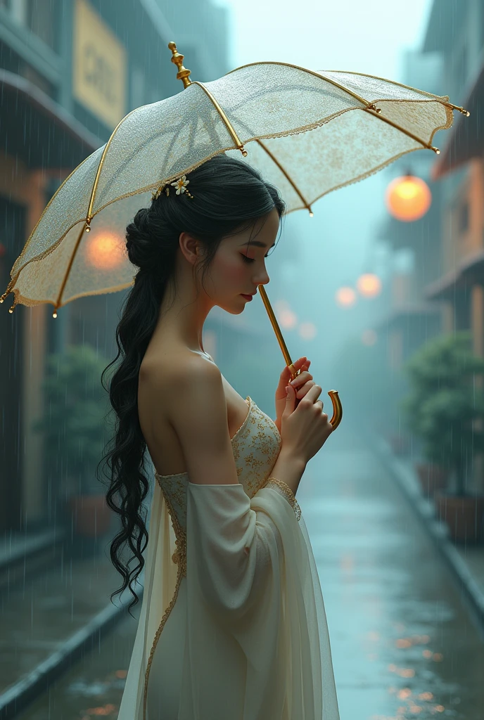 Beautiful lady onder the rain With umbrella 3D animation