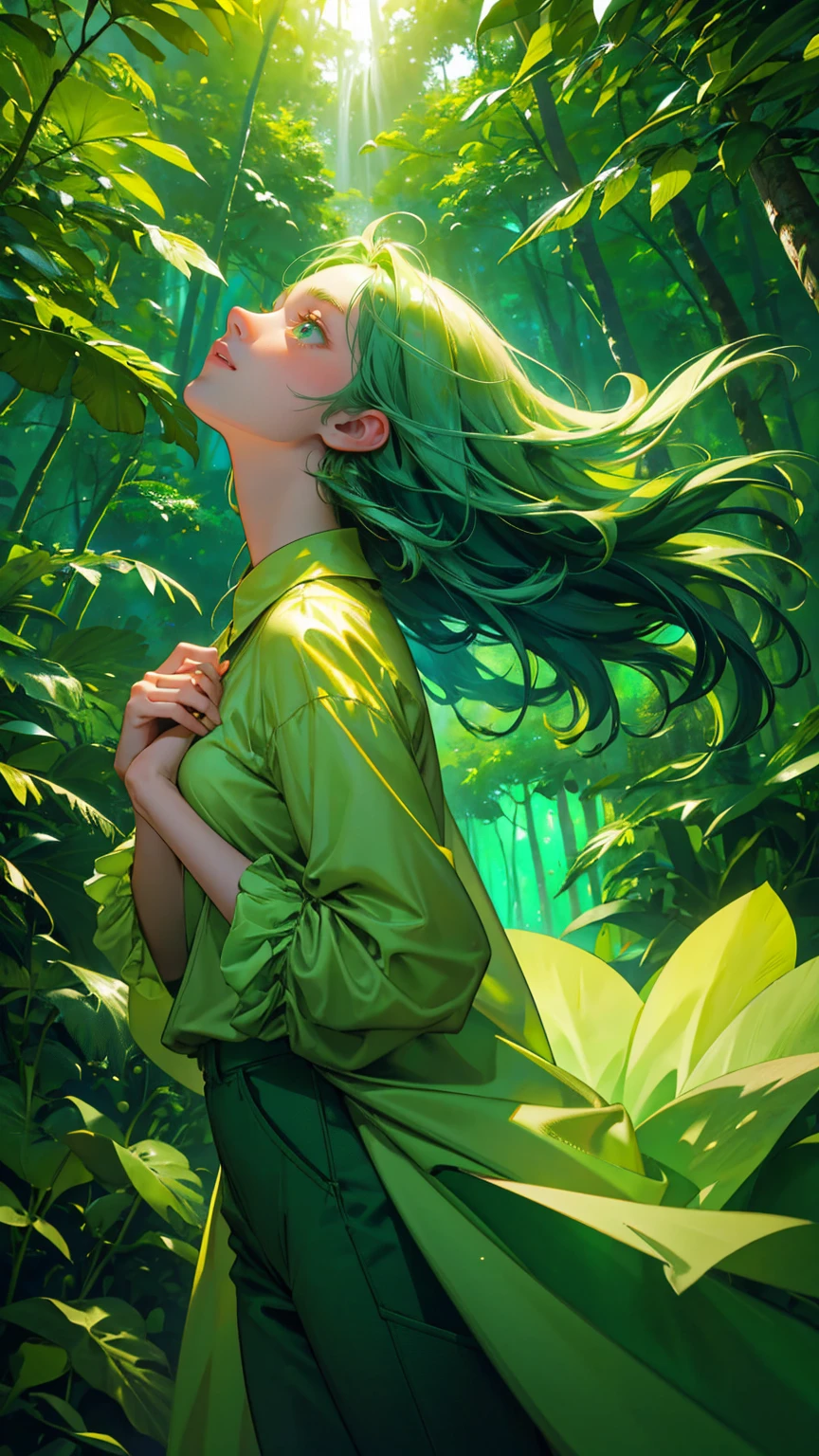A beautiful, cute girl with wide, excited eyes, standing in a lush, vibrant green jungle. She is wearing a green outfit—a casual green shirt with rolled-up sleeves and matching green pants. Her expression is filled with awe and excitement as she looks up with her hands reaching out to the sky. Around her, golden cryptocurrency coins are falling from above, glowing brightly against the dense, green backdrop of towering trees and thick foliage. The entire scene is saturated in various shades of green, from the trees and leaves to her clothing, creating an atmosphere of abundance and wonder in a magical, money-filled forest."