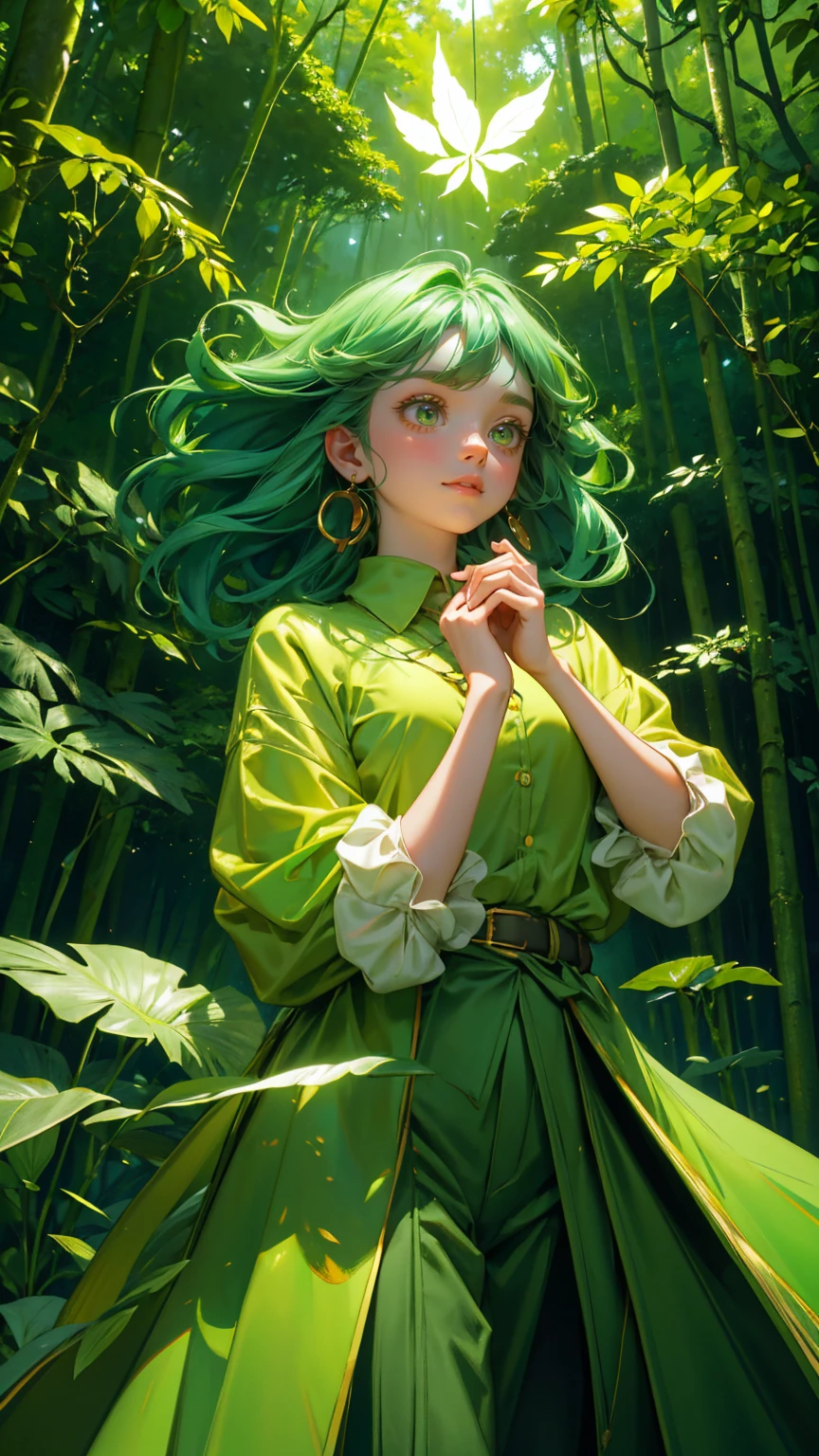 A beautiful, cute girl with wide, excited eyes, standing in a lush, vibrant green jungle. She is wearing a green outfit—a casual green shirt with rolled-up sleeves and matching green pants. Her expression is filled with awe and excitement as she looks up with her hands reaching out to the sky. Around her, golden cryptocurrency coins are falling from above, glowing brightly against the dense, green backdrop of towering trees and thick foliage. The entire scene is saturated in various shades of green, from the trees and leaves to her clothing, creating an atmosphere of abundance and wonder in a magical, money-filled forest."