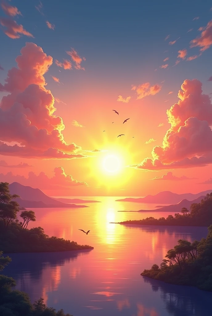 Generate a beautiful sunrise with few clouds and bright sun ultra realistic 8k full hd with some birds in the sky