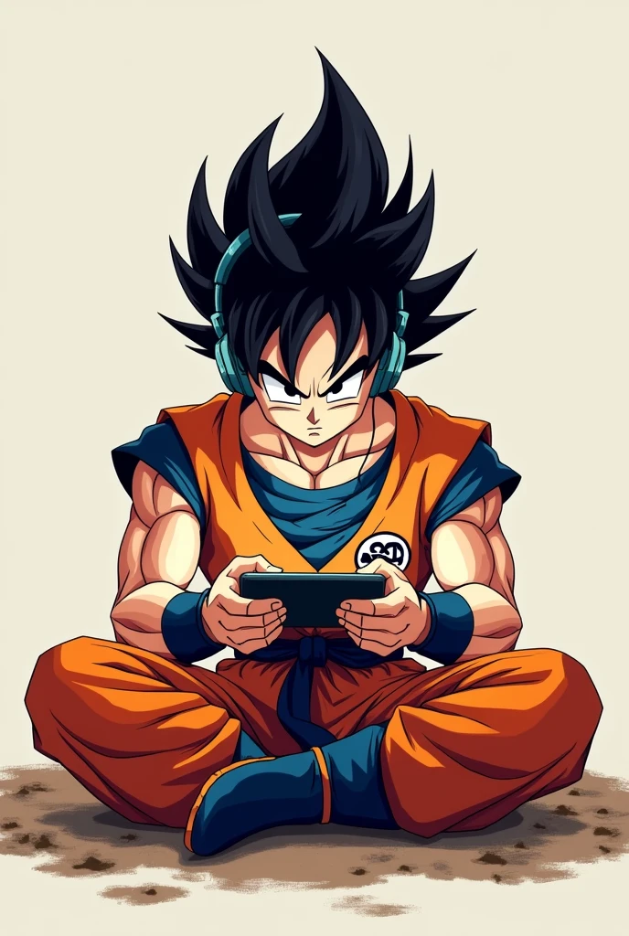 Goku is playing games on his mobile phone with headphones in his ears gaming logo