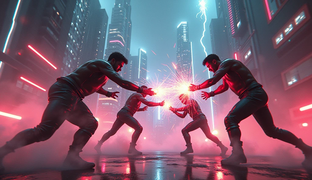 (Ultra detailed), cyberpunk, lightning, particles, shot from above, a male dance group fighting enemy characters.