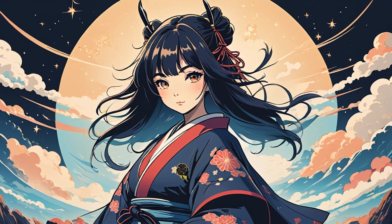 Rock and roll Japanese samurai、One woman、Wide-angle lens, Lofi Anime, Lofi illustration, Aesthetic atmosphere, Lo-Fi Style, Vector art, Flat Design, Simple shape, Warm tones, Pleasant atmosphere, Chill, In anime style, Digital drawing, Vector art, Vector logo for t-shirt printing, (Adorable:1.5), (small:1.4), (Playful:1.2), (soft:1.3), (Whimsical:1.1), masterpiece, Highest quality, 8k, Intricate details, grow, Celestial, Mysterious, Picturesque, amazing, Majestic, Magic, Fantasy art, Cover art, dream-like