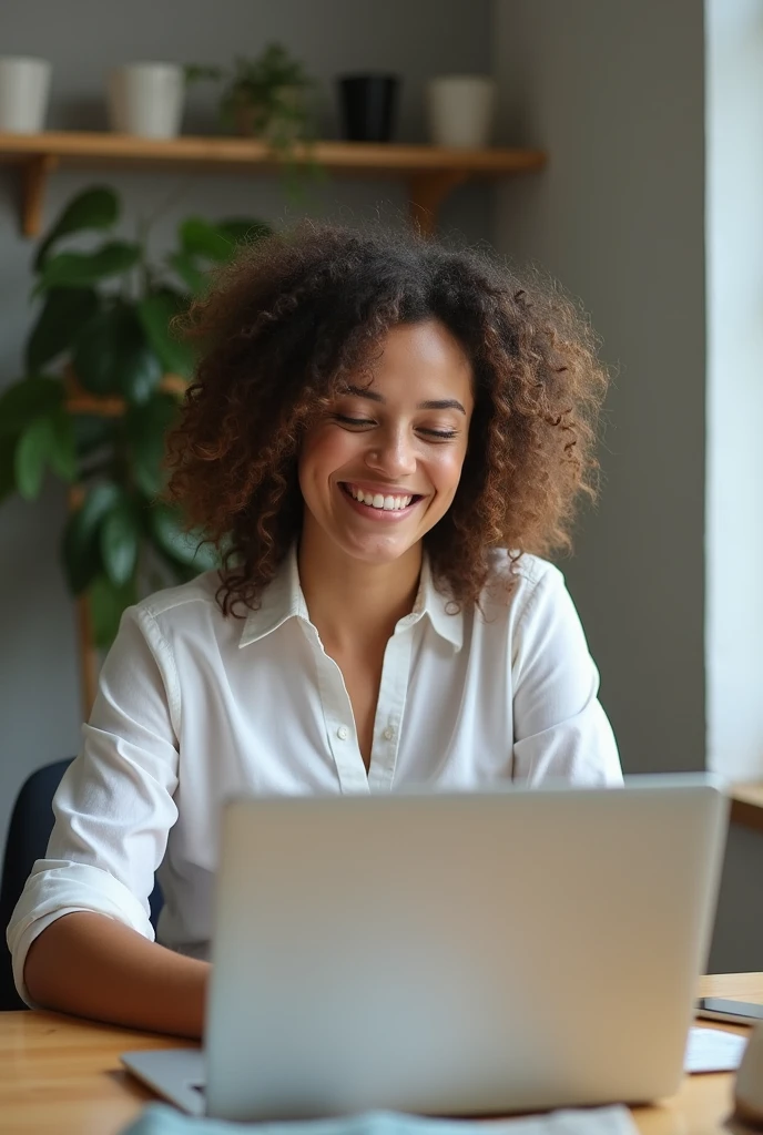 Color photo of a happy white American woman working on a laptop in an office, showing a cheerful expression, natural and realistic setting, mobile photograph, camera settings: iPhone 12 Pro, VSCO Cam app, indoor lighting.