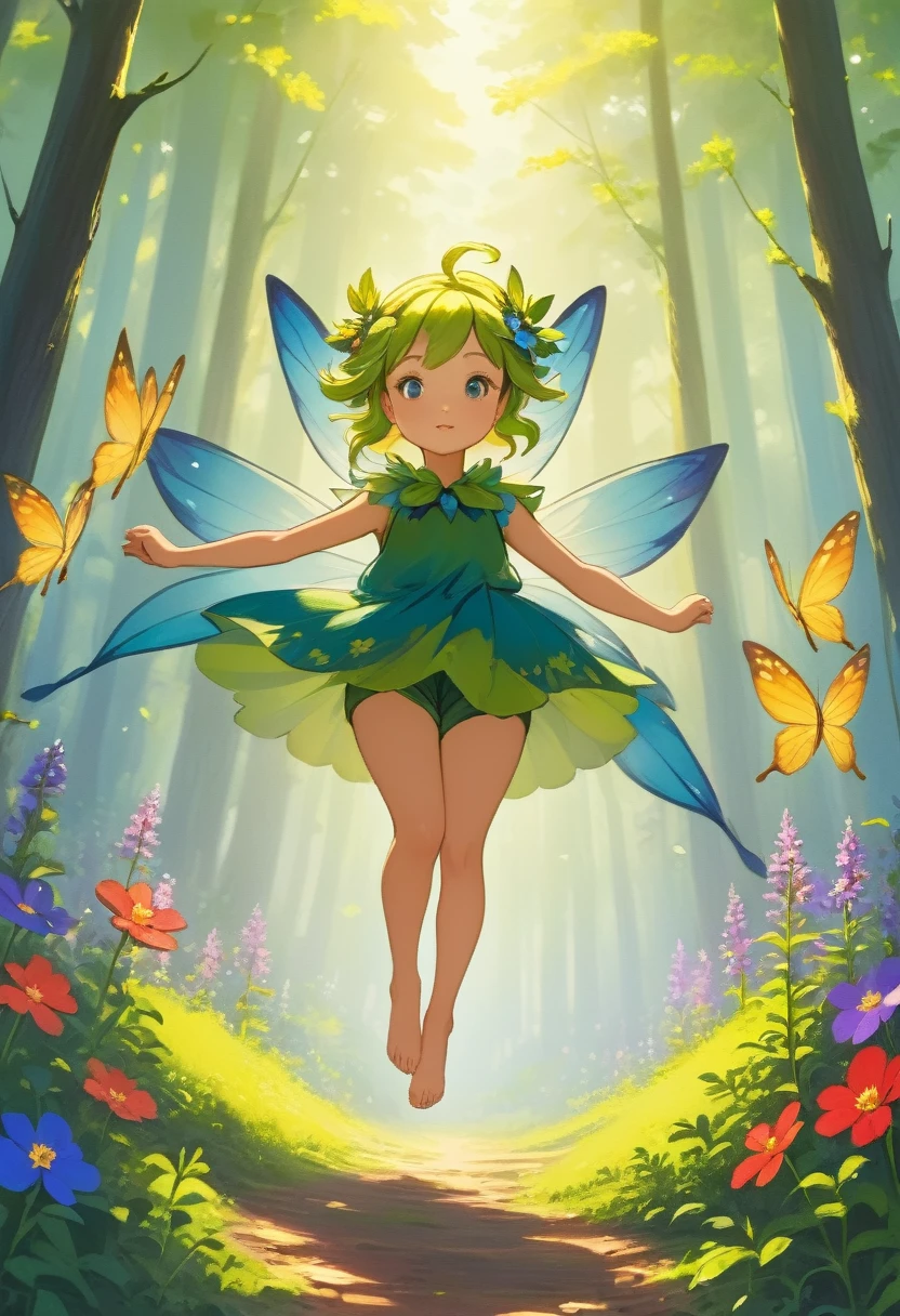 Forest Fairy,Mysterious, small and cute,wood々In the thick forest,光に包まれた幾人もの妖精がwoodの枝に座っている,(Flying high and high,Barefoot,Running),Mysterious Mysterious,Vibrant wildflowers blooming in the forest,Fantasy,Exquisite atmosphere,Masterpiece,Highest quality,Detailed anime art,Digital Art,