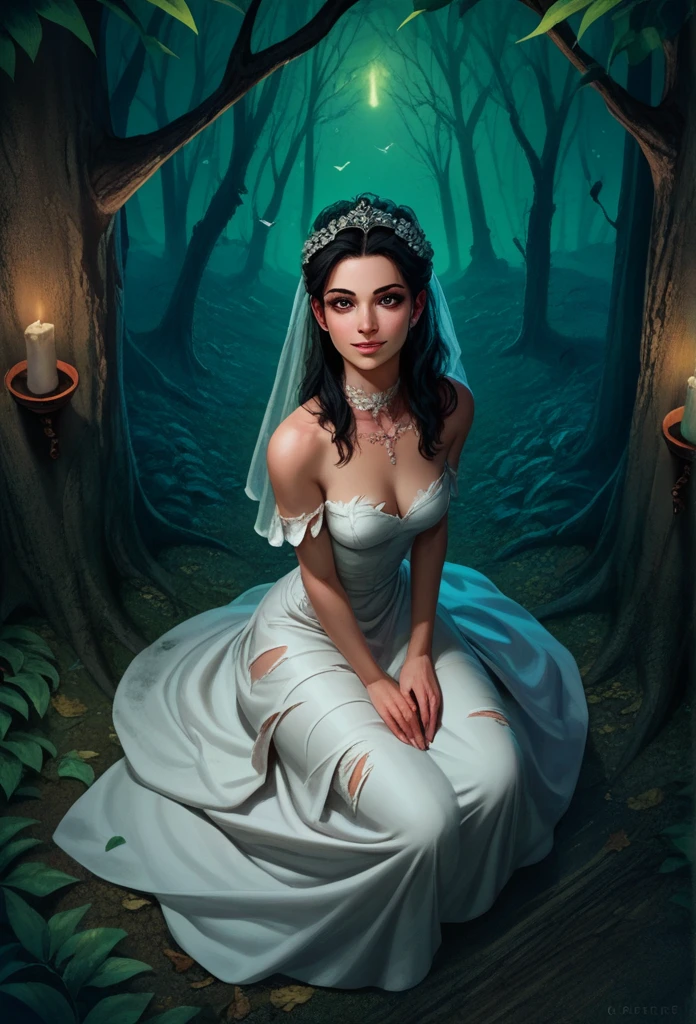 Score_9, score_8_above, score_7_above, Alone, female focus, bride cadaver obsessive spirit, dead skin, scenario,forest, candlelights,torn and old dress,light smile,leaves,crow,birds,sitting on the st of a tree black hair, bride casaver