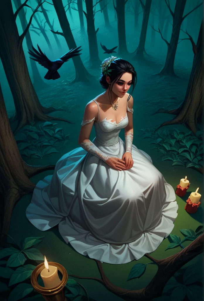 Score_9, score_8_above, score_7_above, Alone, female focus, bride cadaver obsessive spirit, dead skin, scenario,forest, candlelights,torn and old dress,light smile,leaves,crow,birds,sitting on the st of a tree black hair, bride casaver