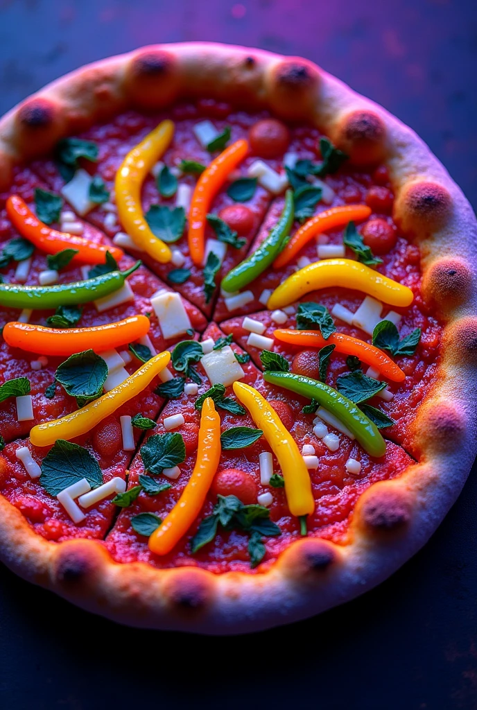 Create me a fluroscent pizza thats appetizing and vibrant . It should look like i took photo from the top not from the side or anything 