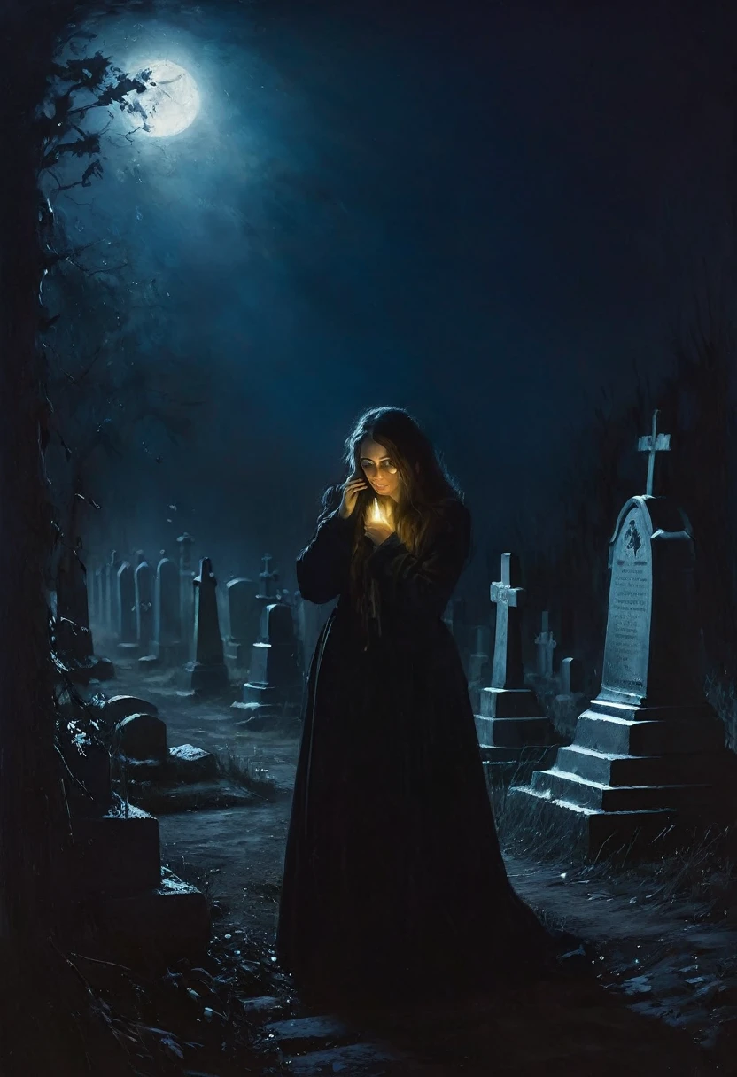 painting of a woman cries in russian cemetery at night near grave, dark atmosphere, cinematic scene, volumetric lights, in the style of nicola samori