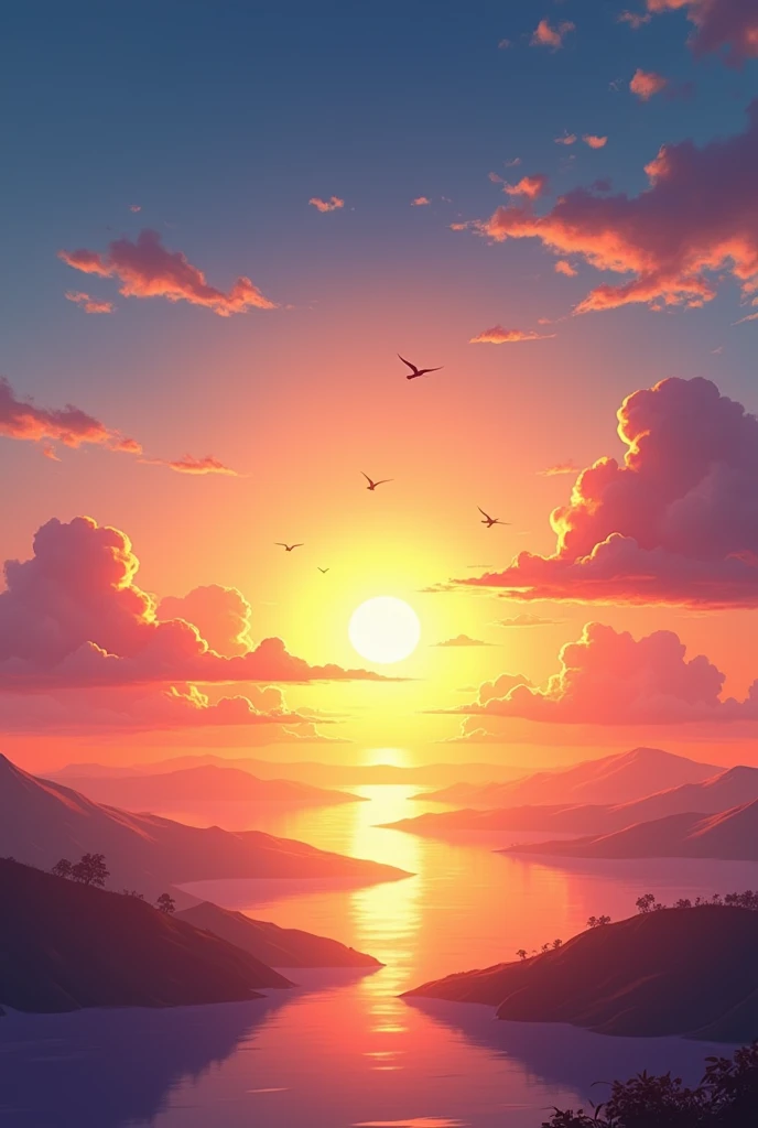 Generate a beautiful sunrise with few clouds and bright sun ultra realistic 8k full hd with some birds in the sky 