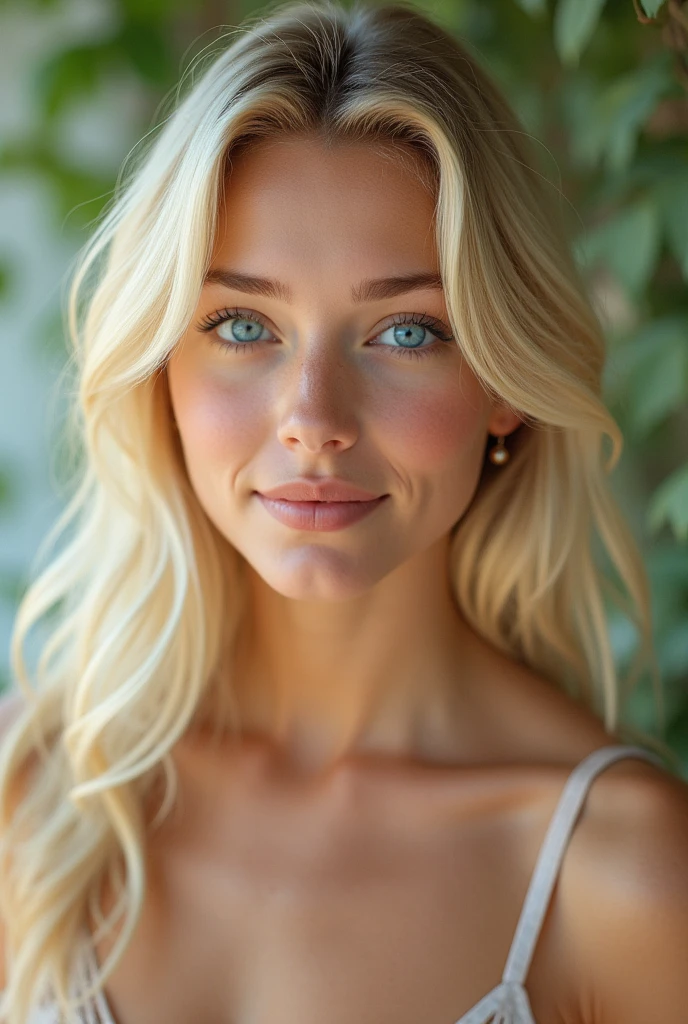 Pretty young blonde American woman with blue eyes