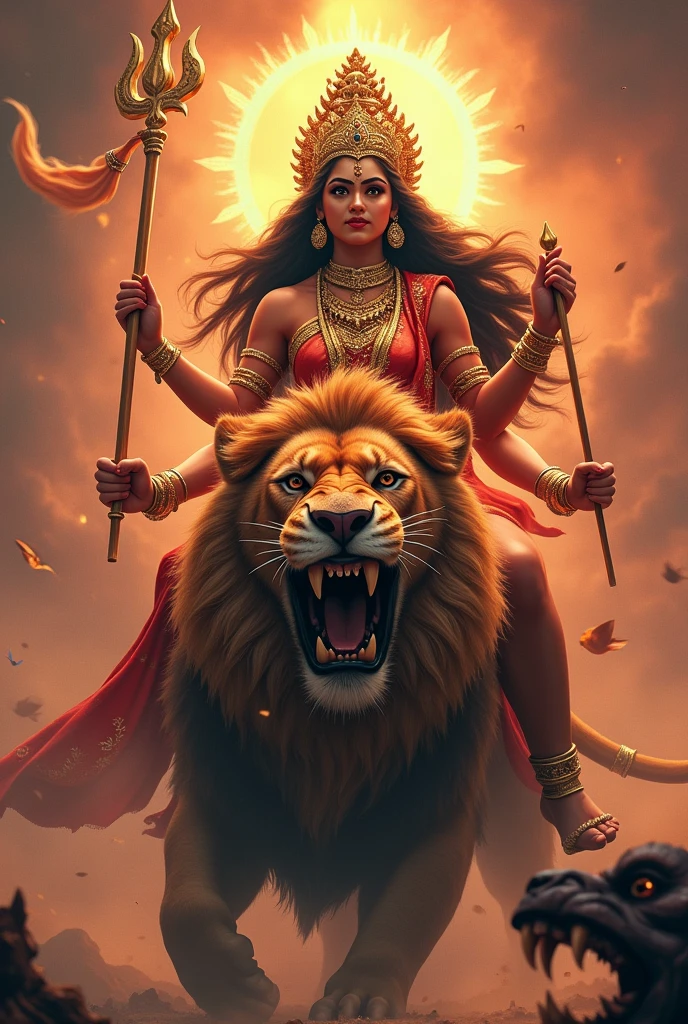 Goddess ma durga 
Sit a lion loving face maa durga and lion angry face to big eyes 
Kill mahishasur