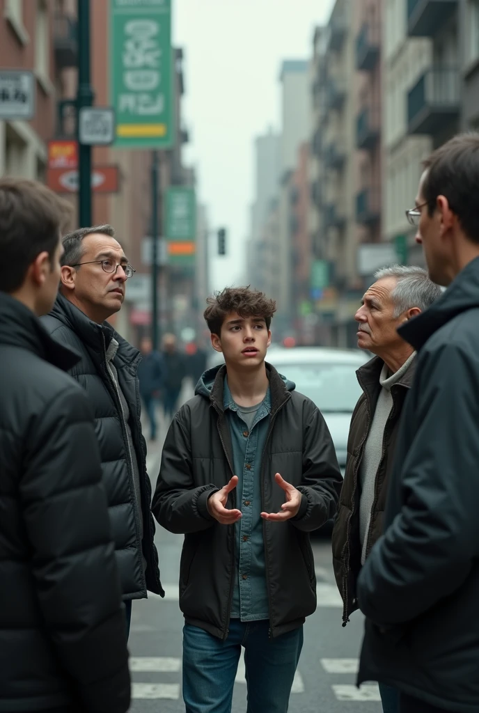 Create A 18 boy try to talking with middle age 2 females and 4 males who standing Infront of his , the boy opening his hands and try to explain something, background is a normal road, little dark theme ,wide shot, 8k very ultra realistic