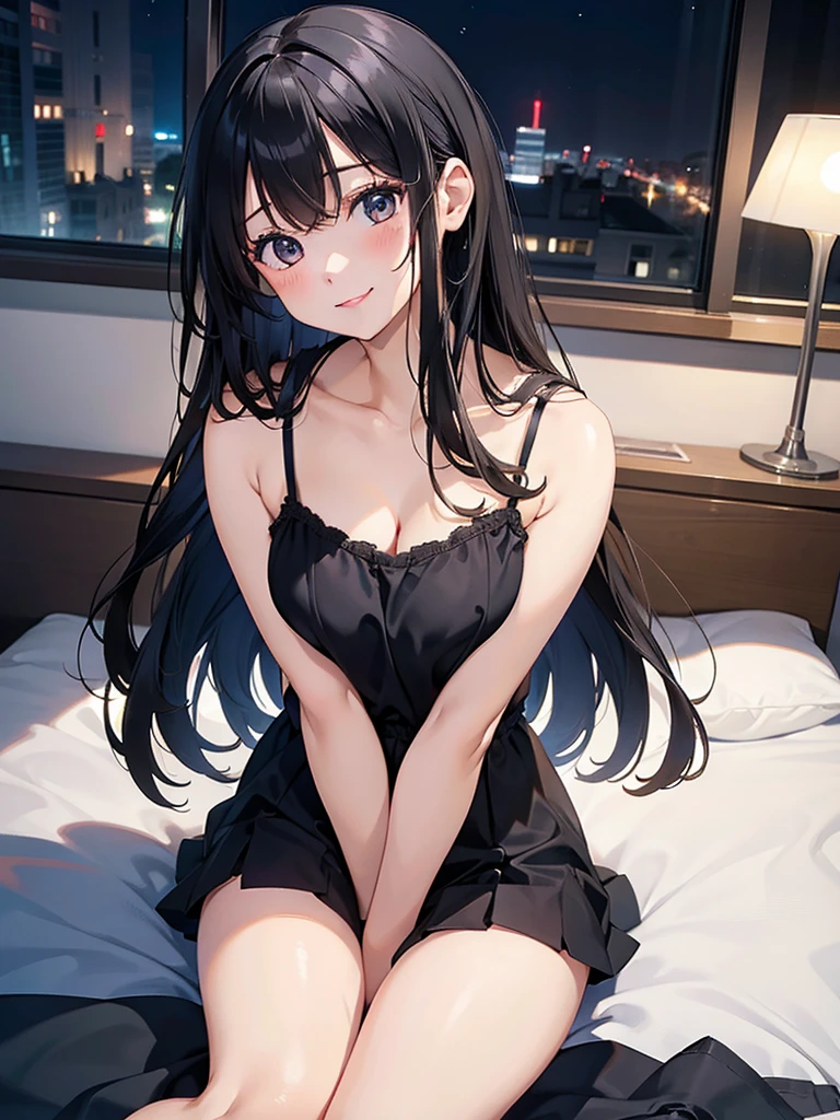 masterpiece, High resolution, High resolution, High resolution, ONE Girl, cute, adorable, smiling, straight hair, long hair, black hair, looking at the camera, from thighs to head, bedroom, night, camisole, Straddling a chair