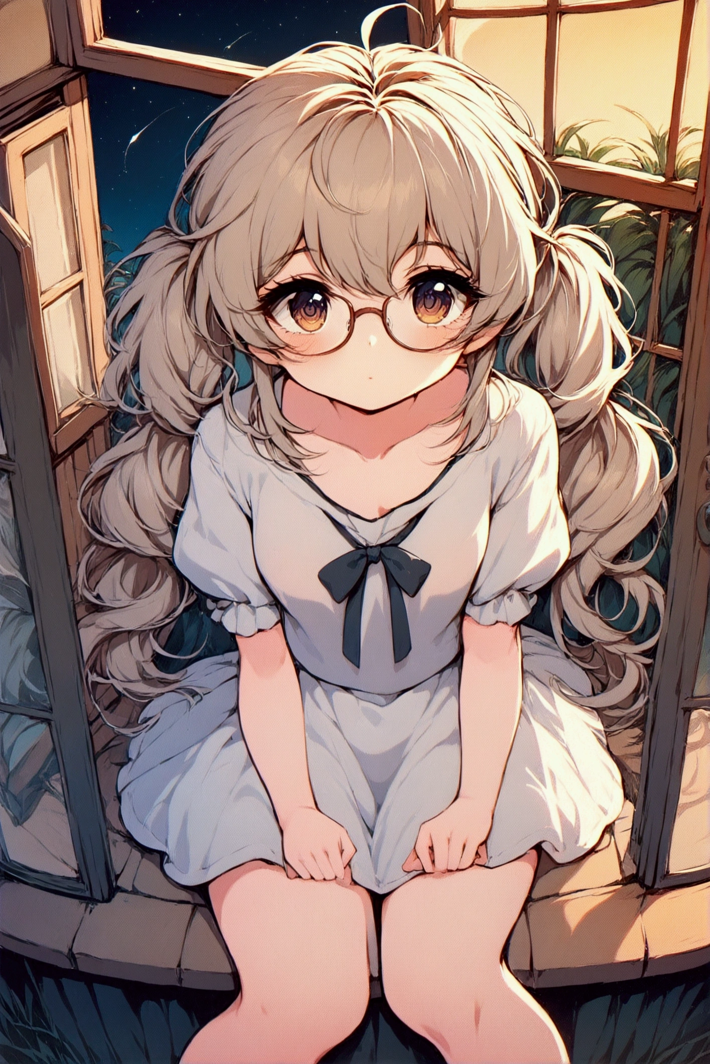 &quot;Depicting a peaceful night scene，Girl sitting on the windowsill in a residential area，Legs hanging out of the window casually，Holding hands on the window，Staring into the distance。Her light brown curly hair, twin ponytails, flowed gently in the wind，Wearing thick-framed black large round glasses，The scene is shown from a low altitude perspective，The background is a starry sky，The surrounding residential area is quiet and peaceful，Street lights in the distance give off a soft glow。Xiaoxuan&#39;s expression is calm，Reflecting a moment of contemplation and tranquility，NSFW