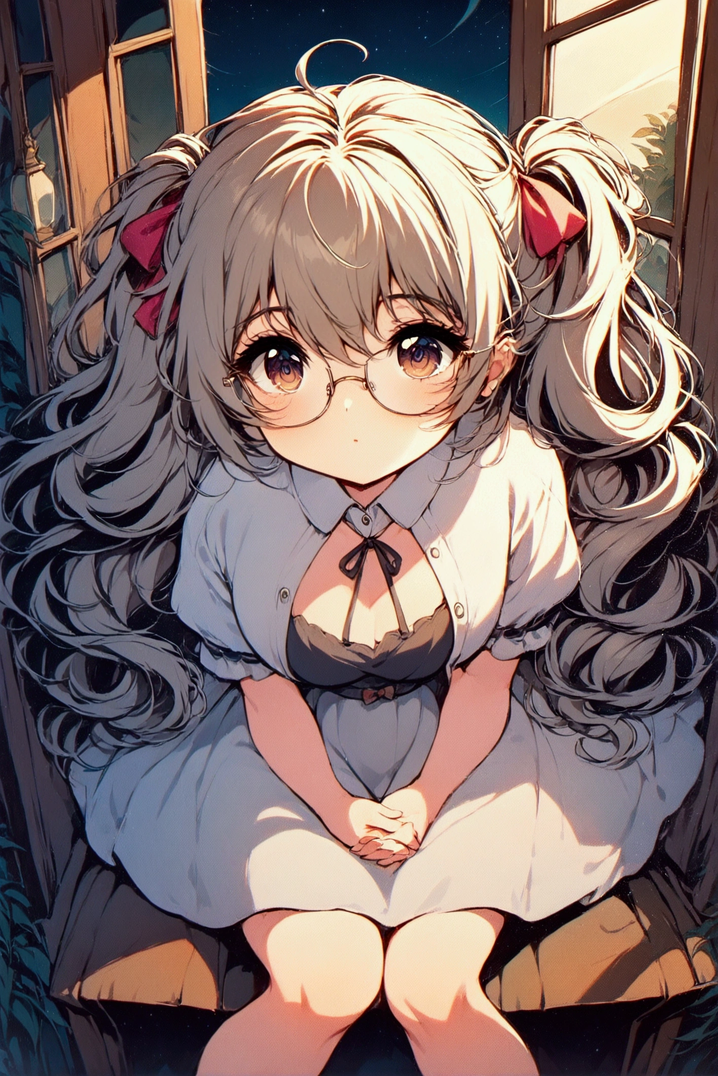 &quot;Depicting a peaceful night scene，Girl sitting on the windowsill in a residential area，Legs hanging out of the window casually，Holding hands on the window，Staring into the distance。Her light brown curly hair, twin ponytails, flowed gently in the wind，Wearing thick-framed black large round glasses，The scene is shown from a low altitude perspective，The background is a starry sky，The surrounding residential area is quiet and peaceful，Street lights in the distance give off a soft glow。Xiaoxuan&#39;s expression is calm，Reflecting a moment of contemplation and tranquility，NSFW