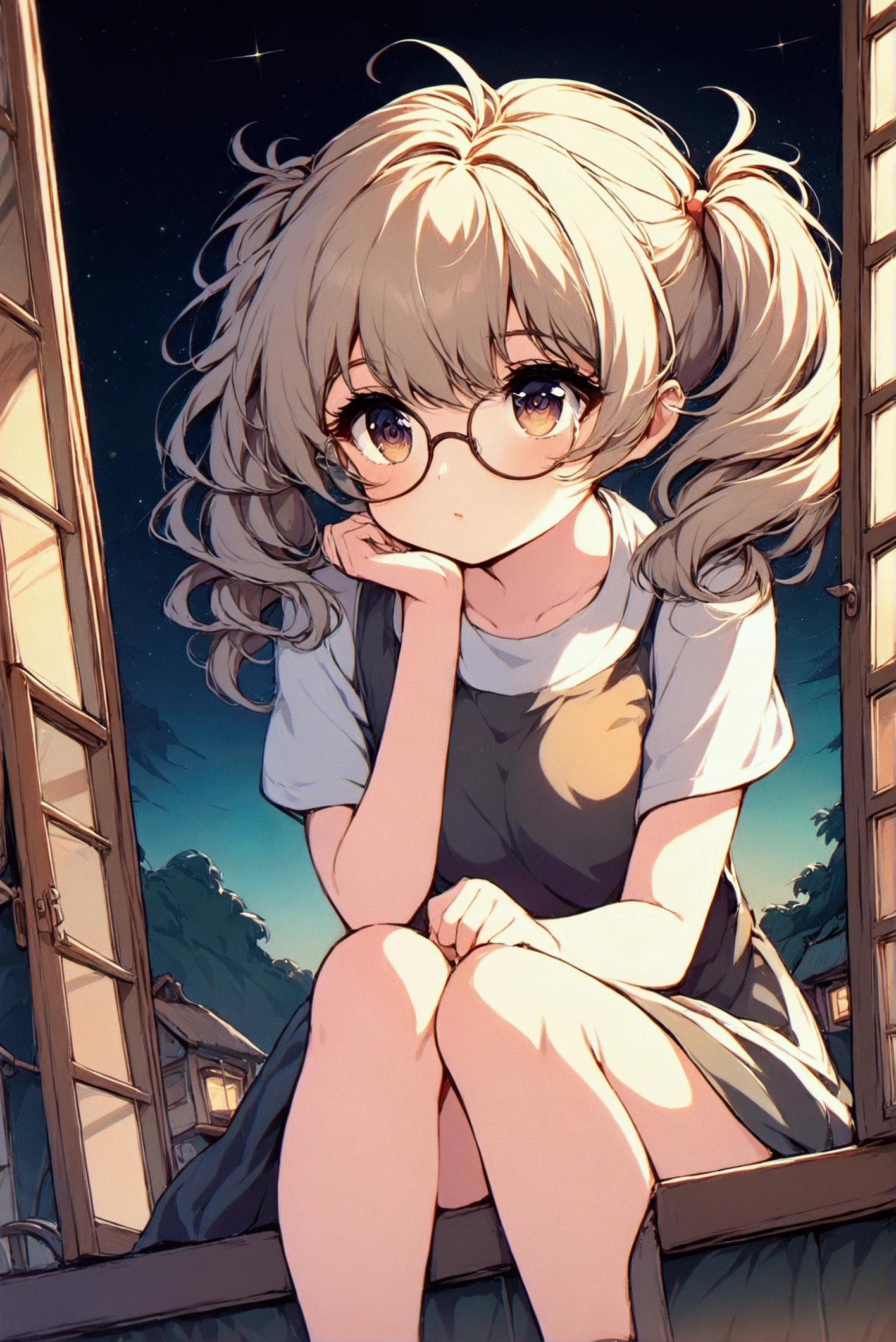 &quot;Depicting a peaceful night scene，Girl sitting on the windowsill in a residential area，Legs hanging out of the window casually，Holding hands on the window，Staring into the distance。Her light brown curly hair, twin ponytails, flowed gently in the wind，Wearing thick-framed black large round glasses，The scene is shown from a low altitude perspective，The background is a starry sky，The surrounding residential area is quiet and peaceful，Street lights in the distance give off a soft glow。Xiaoxuan&#39;s expression is calm，Reflecting a moment of contemplation and tranquility，NSFW