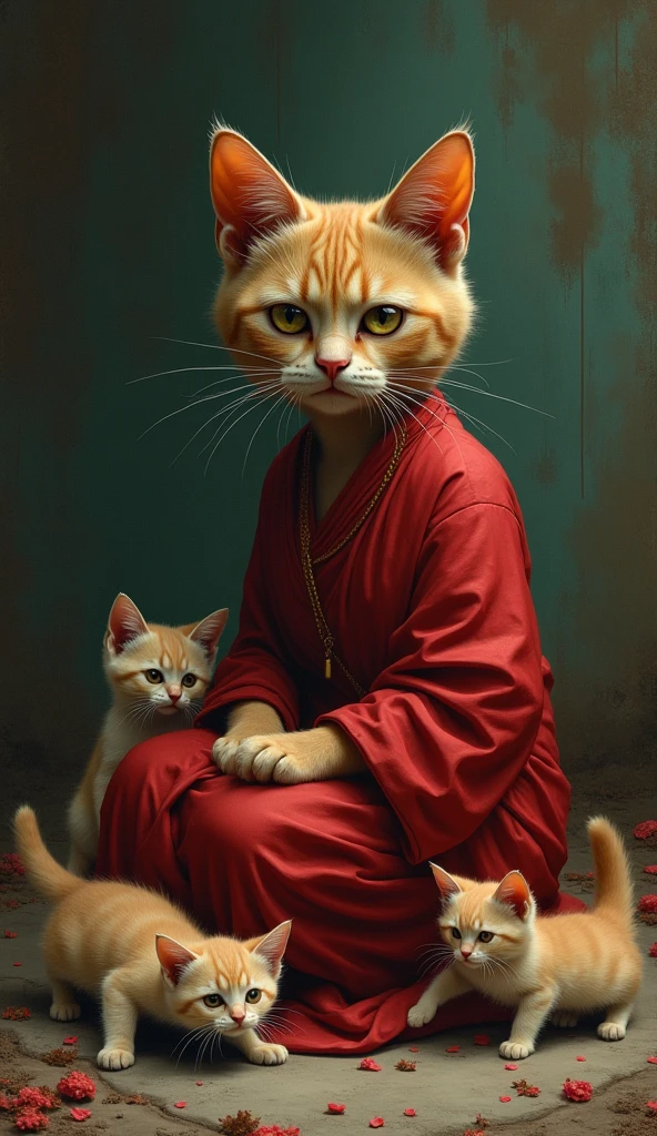 A humanoid havana cat wearing a red saree sitting beside lifeless cat body and crying, her kittens playing nearby, while Whiskers’ face reflects deep sorrow and resolve
