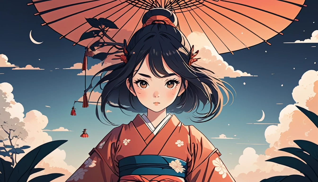 Female samurai、Wide-angle lens, Lofi Anime, Lofi illustration, Aesthetic atmosphere, Lo-Fi Style, Vector art, Flat Design, Simple shape, Warm tones, Pleasant atmosphere, Chill, In anime style, Digital drawing, Vector art, Vector logo for t-shirt printing, (Adorable:1.5), (small:1.4), (Playful:1.2), (soft:1.3), (Whimsical:1.1), masterpiece, Highest quality, 8k, Intricate details, grow, Celestial, Mysterious, Picturesque, amazing, Majestic, Magic, Fantasy art, Cover art, dream-like