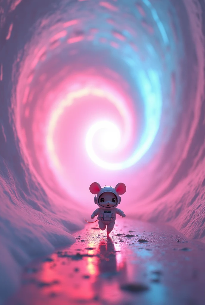 Surreal，A spiral vortex continues from above all the way to the back.，Gradually getting smaller，Gradation，Mysterious Neon，Spot Flash、Wrapped in a beautiful mist，Cute Pixar-style deformed mouse running，Spacesuit，Backlight，White wall，Soft glow