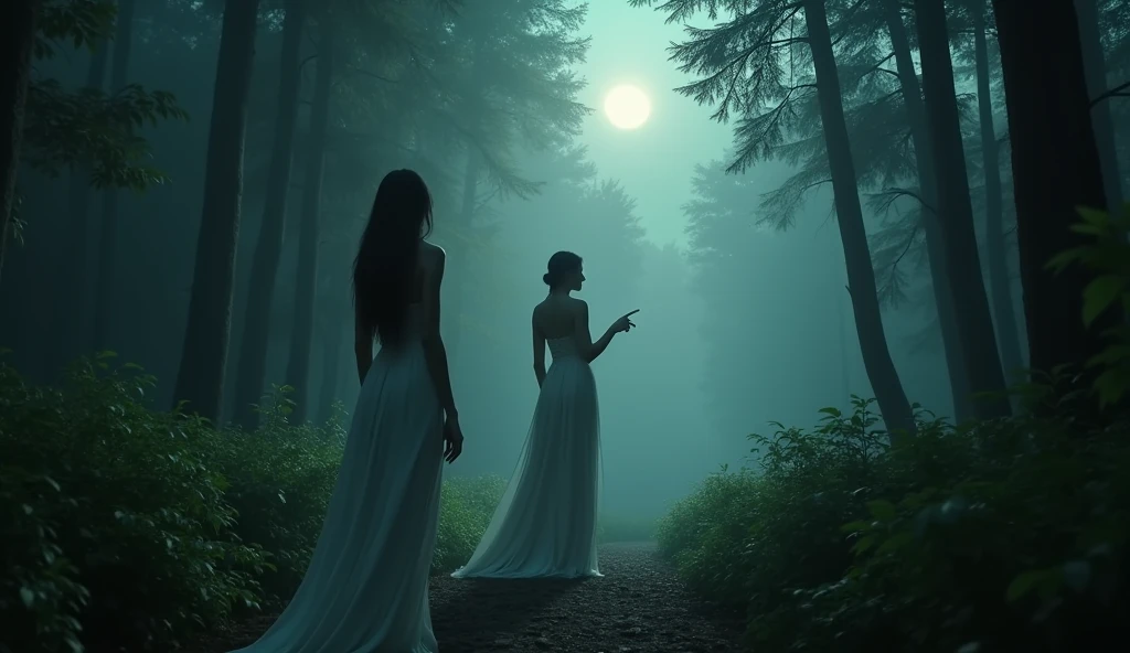 (Masterpiece:1.2,Highest quality,Ultra high resolution,very detailed,realistic,Ultra high resolution,8ก,Wallpaper,(Taking photos in the grave),(The picture shows a detailed image of a young woman in a white dress standing with her finger pointed at something mysterious in front of her.),Covered by dense forest,Camera angle of the young woman's back,darkness,A little moonlight,Thailand,Quiet and scary,horror
