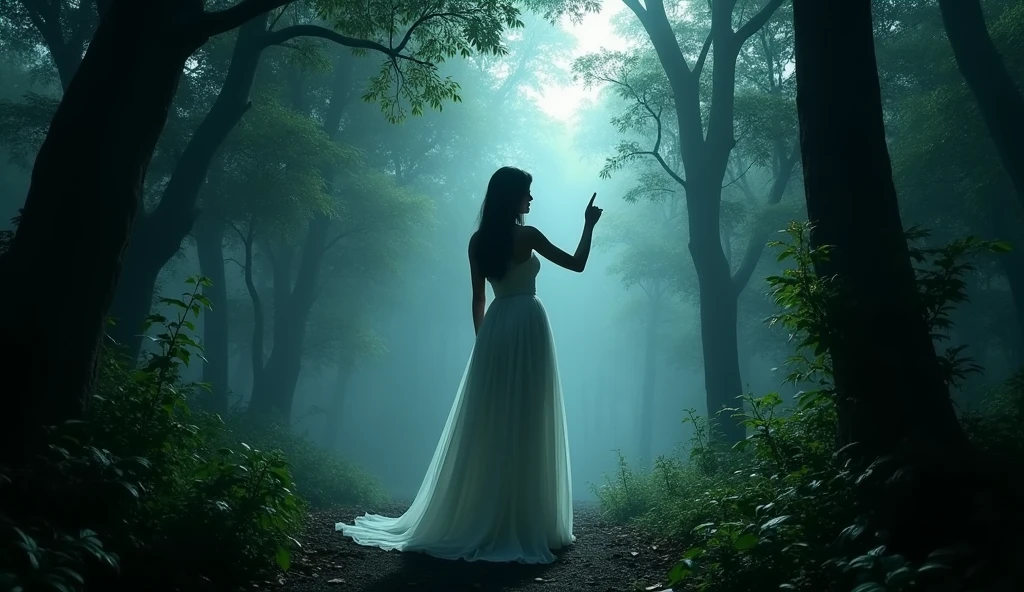 (Masterpiece:1.2,Highest quality,Ultra high resolution,very detailed,realistic,Ultra high resolution,8ก,Wallpaper,(Taking photos in the grave),(The picture shows a detailed image of a young woman in a white dress standing with her finger pointed at something mysterious in front of her.),Covered by dense forest,Camera angle of the young woman's back,darkness,A little moonlight,Thailand,Quiet and scary,horror